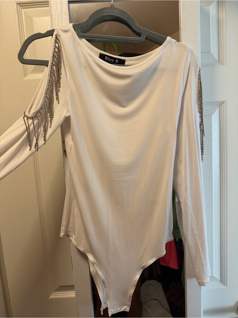 White Cold-Shoulder Rhinestone Fringe Long-Sleeve Top - Picture 2 of 2